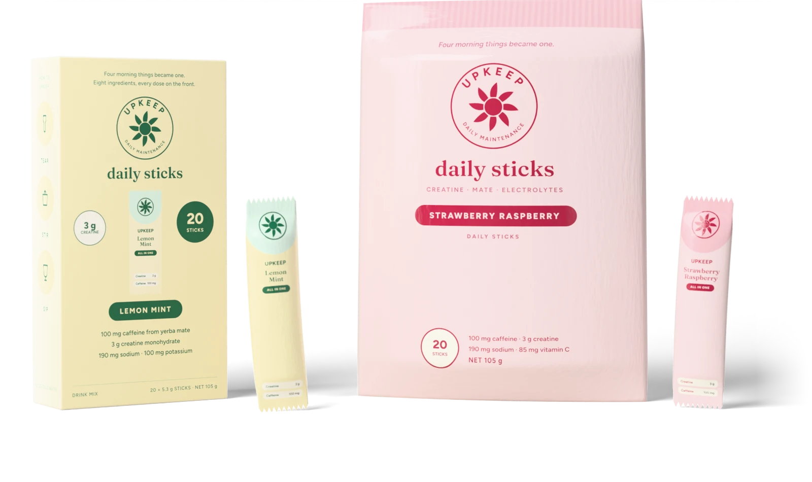 The Upkeep range: a Lemon Mint carton, a Lemon Mint stick, a Strawberry Raspberry pouch and a Strawberry Raspberry stick, on a warm cream backdrop